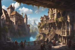 medieval buildings with balconies overhanging lake edge with blue sky and people, photorealism detailed matte painting, deep colour, fantastical, intricate detail, splash screen, concept art