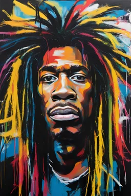 An (abstract) oil and acrylic portrait painting of (Jean michel basquiat), close-up, long dreadlocks, bizarre, caricature, whimsical, bold brush strokes, oil stick, white crayon outlines, black grunge background, colourful marker pen, (neo-expressionism, pop art surrealism),rich colour palettequirky, expressive lines, graffiti street art style, by basquiat and Andy Warhol and max Ernst, cgsociety, insanely detailed, offset noise, impasto, acrylic paint splatter, intense look, focused,