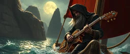 portrait of bard thief on a bejeweled katamaran with illithid guitar