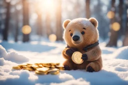 cute chibi bear sadly counting his money and golden coins in winter, snowy scene in sunshine, ethereal, cinematic postprocessing, bokeh, dof