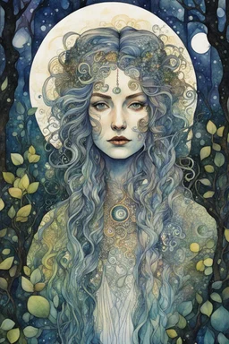 random watercolor Zentangle patterns in the styles of Gustav Klimt ,Wassily Kandinsky, Alphonse Mucha, and Kay Nielsen that depicts an aged and haggard female Druid shape shifter, with highly refined facial features, in a moonlit forest glade , with fine ink outlining