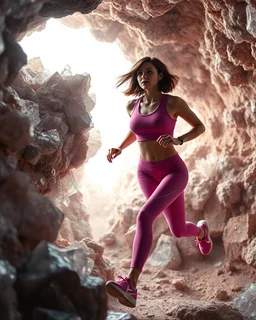 make a picture pretty crystal cave covered with jwellary and 3d fractal recursive cubic and sphere base crystals and a beautiful fashion model lady with cute,bob hair,makeup, in pretty sports suit is running inside cave ,dynamic camera fallow her inside cave capturing full body, dynamic lights.