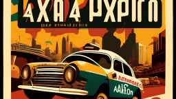 "I'm seeking an exhilarating poster for '<Achayo> Vintage Rally Racing.' The backdrop should feature an Ethiopian cityscape, capturing the vibrancy of urban life. In the foreground, a stylish vintage rally car, complete with rally lights and vintage decals, takes center stage. Use earthy tones for the city background and vibrant colors for the rally car. Select bold fonts in dynamic colors for the event title and details. Incorporate dust or dirt effects to evoke the rally racing atmosphere. Inc