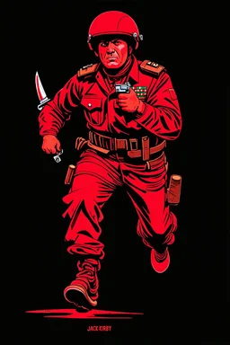 russian soldier(uniform and face based on racist steriotypes) running towards viewer, a knife i one hand, and a gun(barrel pointing at viewer) in the other. blocky retro 1960's jack kirby style poster in monochrome with white background