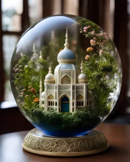 The miniatur islamic mosque in glass ball is an abstract concept that refers to a world made entirely of flowers or plants, often in a fantasy or mythical setting. The flower planet in this image appears to be a baroque world, with ornate spiral patterns and intricate designs.