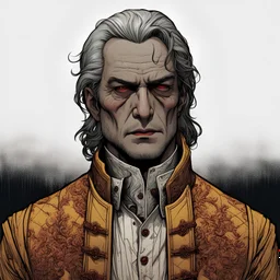 human, pale skin, graying hair, clean shaved, sunken bloodshot tired eyes, redish rhinophyma downturned nose, vampire like features, characteristic comic style
