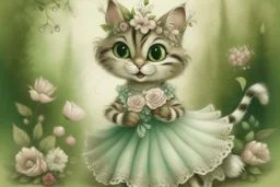 an anthropomorphic, kitten bride happily throwing a bouquet in a beautiful garden. The kitten has fluffy fur in shades of light brown and grey with distinct tabby markings on its face. Its large, expressive eyes are a deep emerald green and it has a small, pink nose. The kitten is wearing embroidered white lace bride dress, tulle, gemstones, pearls, adorning the hem and bodice. Behind her, a celebrating crowd, cats and people dressed in elegant clothes, wedding food and cake on the tables. Behin