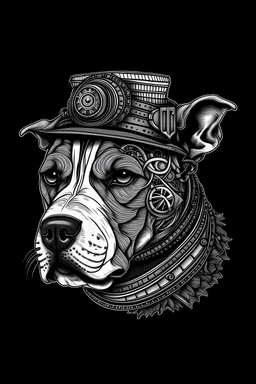 Steampunk Pitbull portrait, American Bully, White dog, Steampunk hat, Line art, think the line, colouring book, black and white