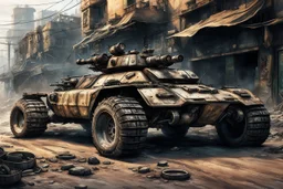 A car that's a mix between a scorpion and a tank, robotic, ready for battle, worn-out, with large rims and tires, fully mechanical, on a street in post-apocalyptic cities.