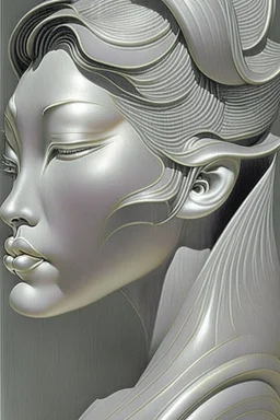 woman face, half view, greyish colors, by artist "gilded melted bubblewarp";by artist "erte";by artist "michelangelo da vinci";by artist "lalique";by artist "hector guimard" ;character design by artist "emshwiller sol";by artist "fan ho"