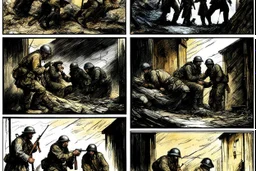 Masterpiece1:5)(Fineart), (award-winning:1.5), highest quality, war journalism, ink and colored pencil sketch of photocollage (by Gustave Doré, Jan Saudek:1.5),(Eastern Ukraine:(panel one:the moment after a battle ends, horrors of war, wounded men),(2nd panel, cinematic shot of men sitting in trench with 1000 yard stare (focus on their eyes:1.5)),(the third panel shows troops tired but hyper alert), (the fourth panel shows the sky is filled with incessant, fire and smoke everywhere,)