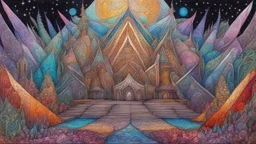 fine metallic and colored gel pen drawing, majestic, festive, divine, fantasy world, restrained, geometric, beautiful composition, exquisite detail