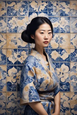 editorial image, asian woman portrait, portuguese azulejo tiles pattern, abstract, mixed media