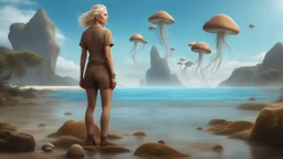 full body shot of a middle-aged, blond-haired woman in brown shorts and brown shirt, standing on a rock, on the shores of an alien world, with mushrooms with jellyfish tentacles floating in the air, photorealistic, Detailed Matte Painting, Deep Colour, Fantastical, Intricate Detail, sunshine, blue sky