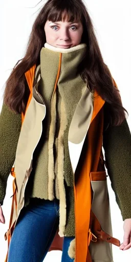 Image shows wholly a young Brunette woman. average body type. Mantle is sewed of recycled Denim and sewed together of camouflage pieces. Camouflage colors are orange,terracotta, cream and purple. Cream latex gaiter. More yellow(Munsell)!!!Big bright purple/khaki felt tippet and cream or blue or lilac colored-hood. mantle is merged with satchel. . AKG-style headphones (gold rings!) is merged with small felt cap with small visor. Style: Haute Couture in 1936, Paris fashion in 2023.