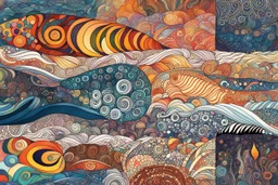 random color Zentangle patterns in the styles of Gustav Klimt ,Wassily Kandinsky, Paul Klee, and Kay Nielsen that depict a school of Flame Angelfish