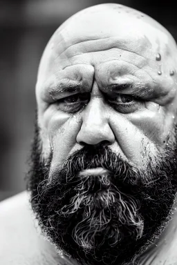 close up photography, dirty burly russian ugly strong chubby 56 years old man, bullneck, milk falling from above, splashing and dripping milk in the face, milk dripping on the beard, with dirty tank top, tattoo, serious eyes, manly chest, 35mm lens, natural light