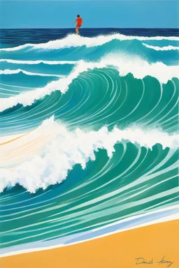 [surf illustration by David Hockney] À l’aube, je me lève, Vers La Piste, la planche sous le bras, Sur la vague, je me lève aussi, Une, deux, trois fois, je vole.