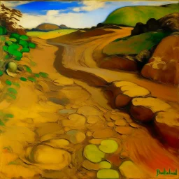 A brown rocky road surrounded in sand painted by Paul Gauguin