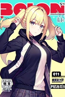 blonde girl with hair with two tails waring jacket, line arts, manga cover