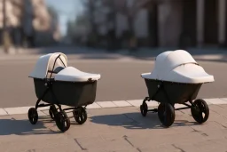 Looking down closely at a Large baby carriage on a sidewalk