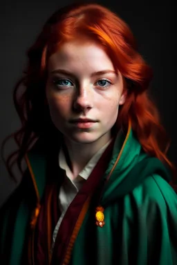 A girl with red hair and green eyes and she is wearing a Hogwarts robe