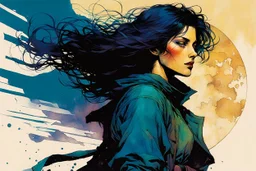 create an imaginative print illustration of an ethereal, otherworldly , pale medieval female thief with very short raven hair wearing a ragged pelisse and boots , in the comic book art style of Bill Sienkiewicz, Mike Mignola, and Jean Giraud Moebius, with highly detailed feminine facial features , finely drawn, colored and inked,