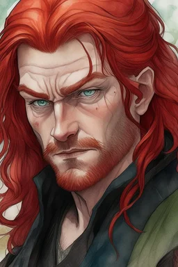 dnd, fantasy, watercolour, large strokes, stylistic, portrait, illustration, dull colours, male, face, narrow long face, weathered face, green eyes, determined, smiling, red hair, very long hair streaming down the shoulders, lush hair, radiating light, five o'clock shadow, elegant, short small mouth