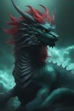 3D, the black Chinese Indian Dragon with Long wavy, curly (((red hair))) and bright, (((sea-green eyes))), - full color - 32k, UHD, 1080p, 8 x 10, glossy professional quality digital photograph - dark foggy gradated background, historic, powerful, octane rendering, exquisite detail, 30 - megapixel, 4k, 85 - mm - lens, sharp - focus, intricately - detailed, long exposure time, f8, ISO 100 - back - lighting, ((skin details, high detailed skin texture))