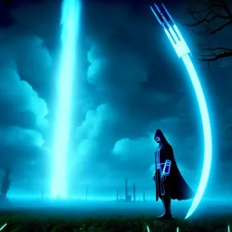 The Grim Reaper in Tron world, discussing the future of the universe, art by Magritte and Pixar