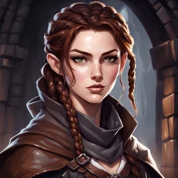 dungeons & dragons; portrait; headshot; female; teenager; pale skin; brown hair; grey eyes; one braid; leather; cloak; thief; shadows; cute; young; confident