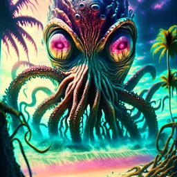 Monster from the ocean floor octopus tentacles big eye woman in distress Beach Palm trees 1950s vintage film poster Modifiers: digital painting sharp focus fantasy intricate 8k cinematic lighting dynamic lighting award winning fantastic view close up 4K 3D Unreal Engine colourful cinematic postprocessing VRay Landscape Ultra realistic Iridescent salvator dali Craig Rutkowski