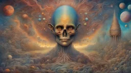 Evolution Of Human Consciousness || surreal masterpiece, in the styles of Otto Rapp and David A. Hardy and Paulo Cunha, psychedelic, DMT, mixed media, intricately detailed, expansive, sharp focus, cinematic lighting, vibrant colors, HDR, perfect