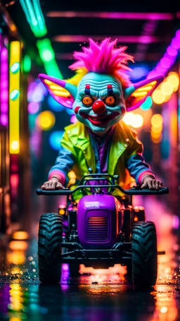 portrait of clown Hairy Gremlin myth buster pimp ninja yoga cyber punk in flying hipster lawn tractor parked in dark neon lit reflective wet arcade hall tunnel,bokeh like f/0.8, tilt-shift lens 8k, high detail, smooth render, down-light, unreal engine, prize winning