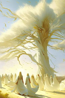 Elysium plain full of tree and wise men and women's in white dress sun shines in blonde hairs a gentle wind comes and