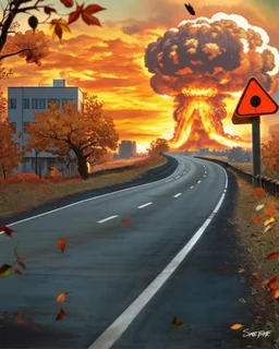 a road disappearing to the right, building and trees to the left, a nuclear explosion cloud in the background, add leaves falling in foreground, fantastic lighting detailed digital painting