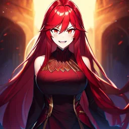 girl, masterpiece, best quality, volumetric lighting, detailed outfit, perfect eyes, long hair, red hair, red eyes, laughing, angry,