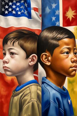an expressive painting of 4 faces side views in a raw of , a European , and African , and asian , and Hispanic, boys together in a painting, with American flag in the background, we might see a companion with features of absolute strength and determination, blended with warmth and deep faith. Perhaps his face expresses wisdom and courage, with eyes radiating confidence and faith.