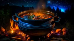 delicious stew bubbling in a cauldron suspended over heat, outside, night, stars, moon, fireflies, award-winning photograph, beautiful composition, exquisite detail and illumination