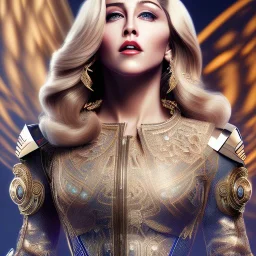 madonna, Cyborg warrior, light blonde hair, crown, pixie hairstyle, cobalt eyes, waist up portrait, 8k resolution, intricate details, ornate details, soft lighting, vibrant colors, masterpiece, intricate eyeliner, dark eyeshadow, eyes, intricate tattoos, futuristic cityscape background