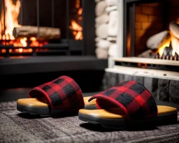 Red plaid slippers on black bearskin rug,log cabin walls, giant stone fireplace