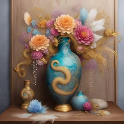 big chinese mingvase, bouguet of flowers and swanfeathers , placed on a chinese wooden table with dragon carvings, Style alcohol ink. various color definitions, flowy swirls, golden lines, 3D, alcohol ink effects, sprinkle glitter, pearls, beads.