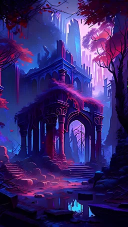 An ancient abandoned city in a forest that has grown over the city over the centuries in high fantasy style that gives off a cozy vibe, only blueish and red/purple hue