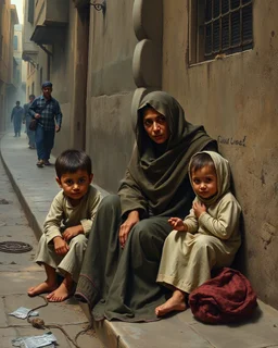 Bosch painting style ,nightmare, a woman beggar wearing Arabic cloths sitting on the side of the street with her children begging