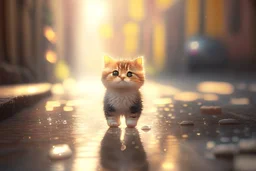 cute happy chibi cat standing on a wet cobblestone road in sunshine, ethereal, cinematic postprocessing, bokeh, dof
