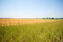 a wild grass clearing next to an ideal farm field, sunny day, product photo setting, mid-level horizon