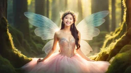 A gorgeous smiling Asian model in a fairy outfit with great glittering wings in a magic forest with 1000 y/o trees, a small torrent, sun rays through the branches, particles in the air at dawn