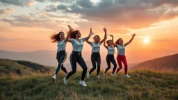 a group of Turkish young ladies in sports pants and blouse are dancing in high grassy hills ,cloudy sun set sky