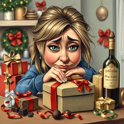 acrylic glossy, Christmas themed, whimsical caricature of an tired dark-blonde green eyes woman with messy long hair. she's wrapping a box with Christmas wrapping paper at the kitchen table. head resting on box. around her chocolate boxes, chocolate bar, chocolate balls, brandy bottle with precize text:"pálinka" and presents piled up. ribbons, and wrapping paper on table. funny detailed, stunning illustration