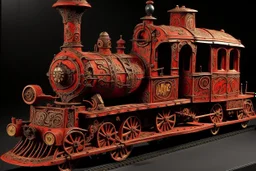 A light red fast steampunk train with flame decals painted by Jean Dubuffet